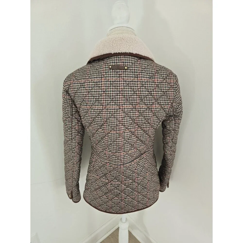 Lauren Ralph Lauren Houndstooth Quilted Jacket S Brown Green Faux Sherpa Collar - Picture 11 of 14